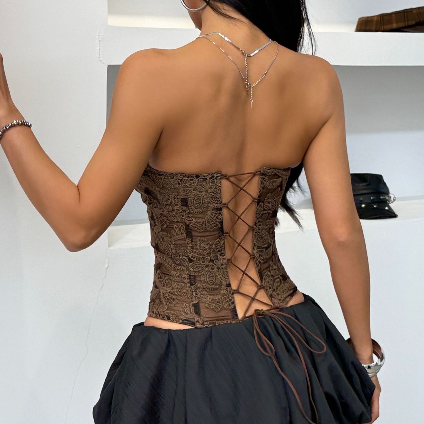 Fashionable Embroidered Fishbone Strapless Backless Tube Top