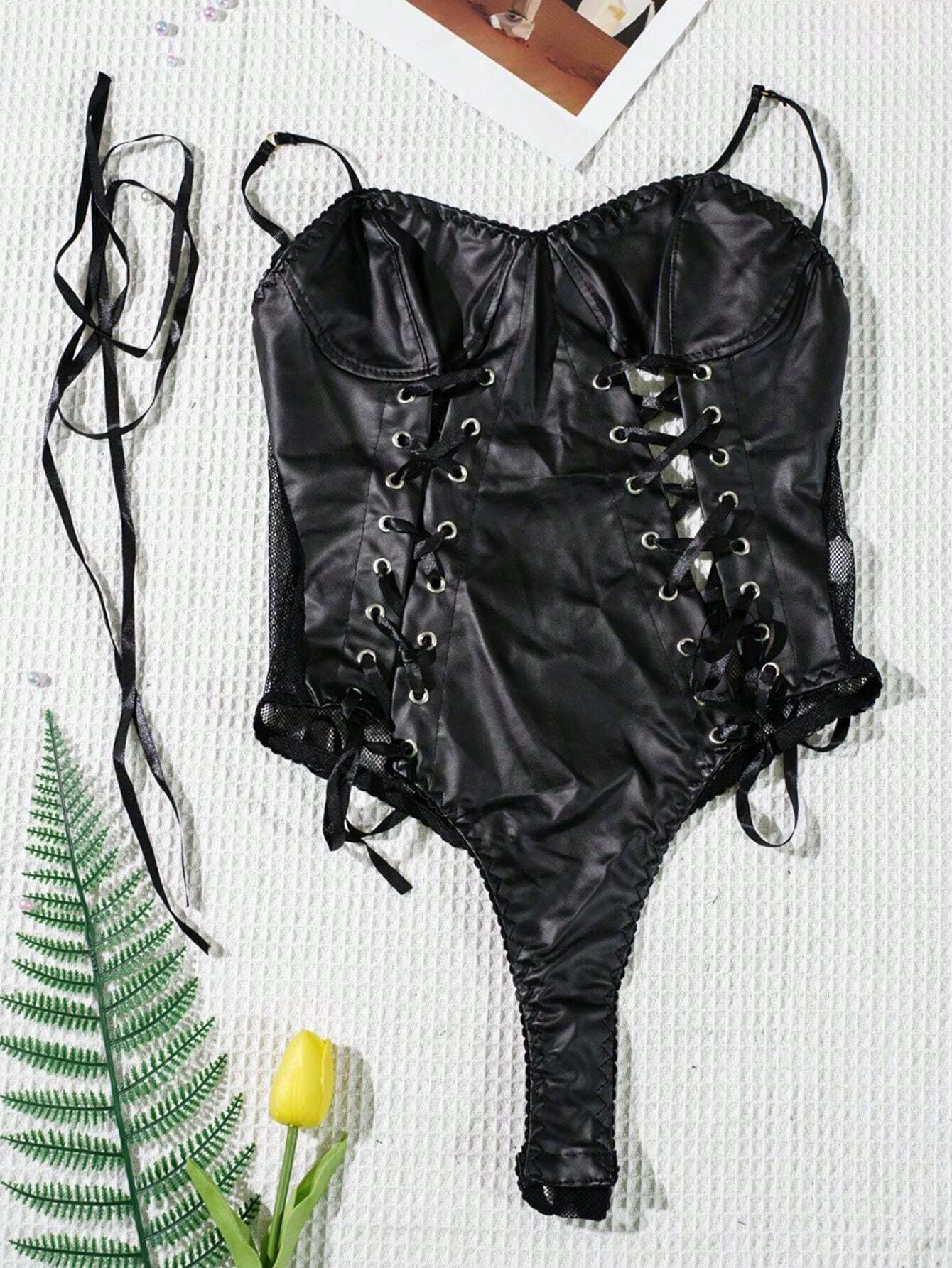 Black Shiny Leather Bodysuit Backless Bodysuit