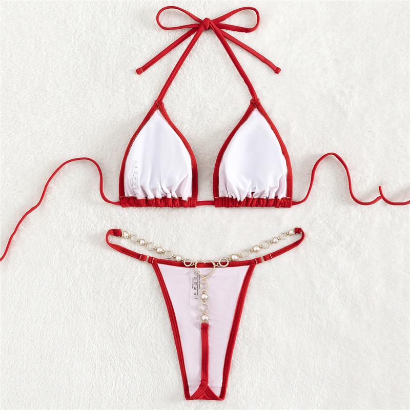Red Heart Ring Rhinestone Thong 2Pc Swimsuit Set Bikini