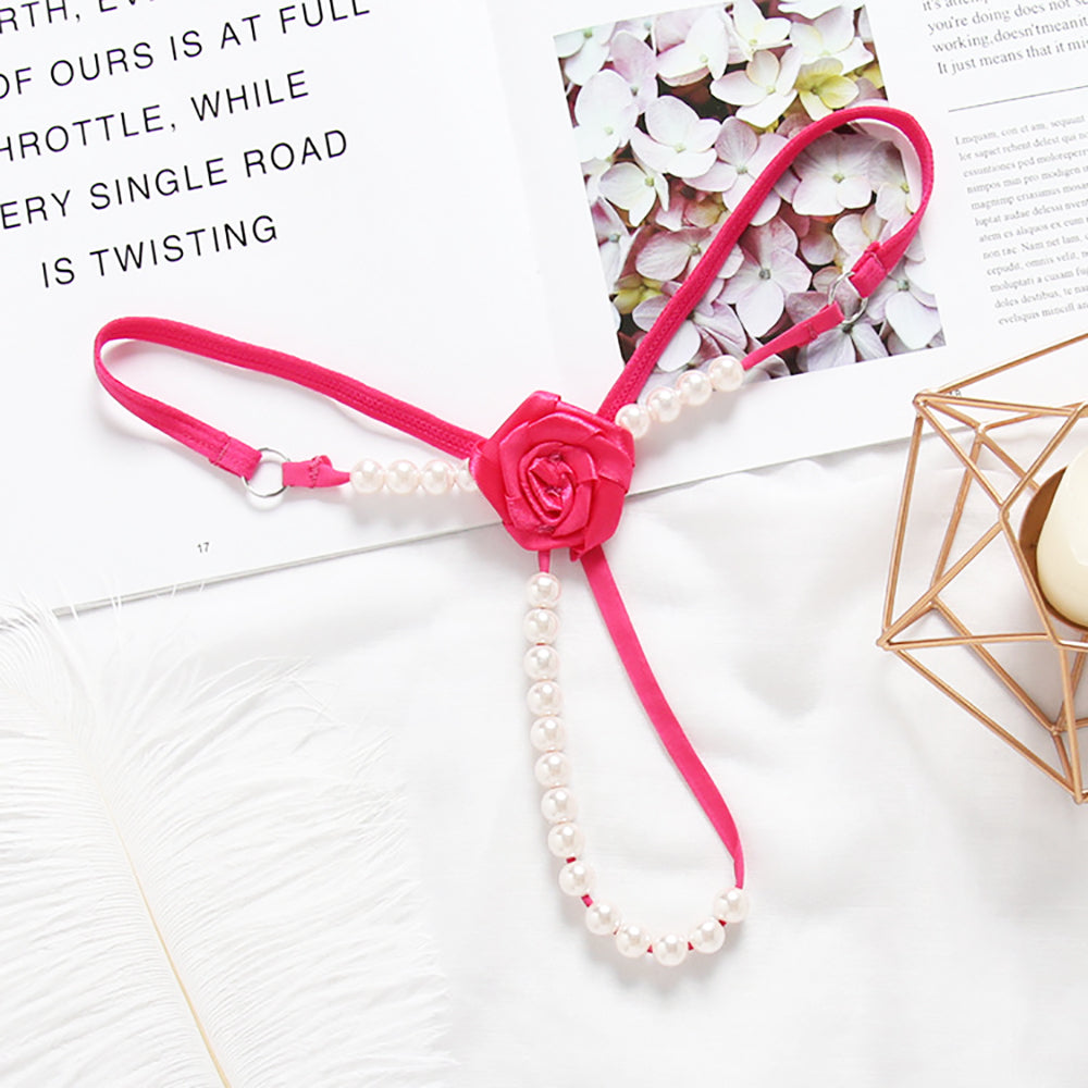 Open Crotch Women's underwear thong with beads and flower in the shape of a harness