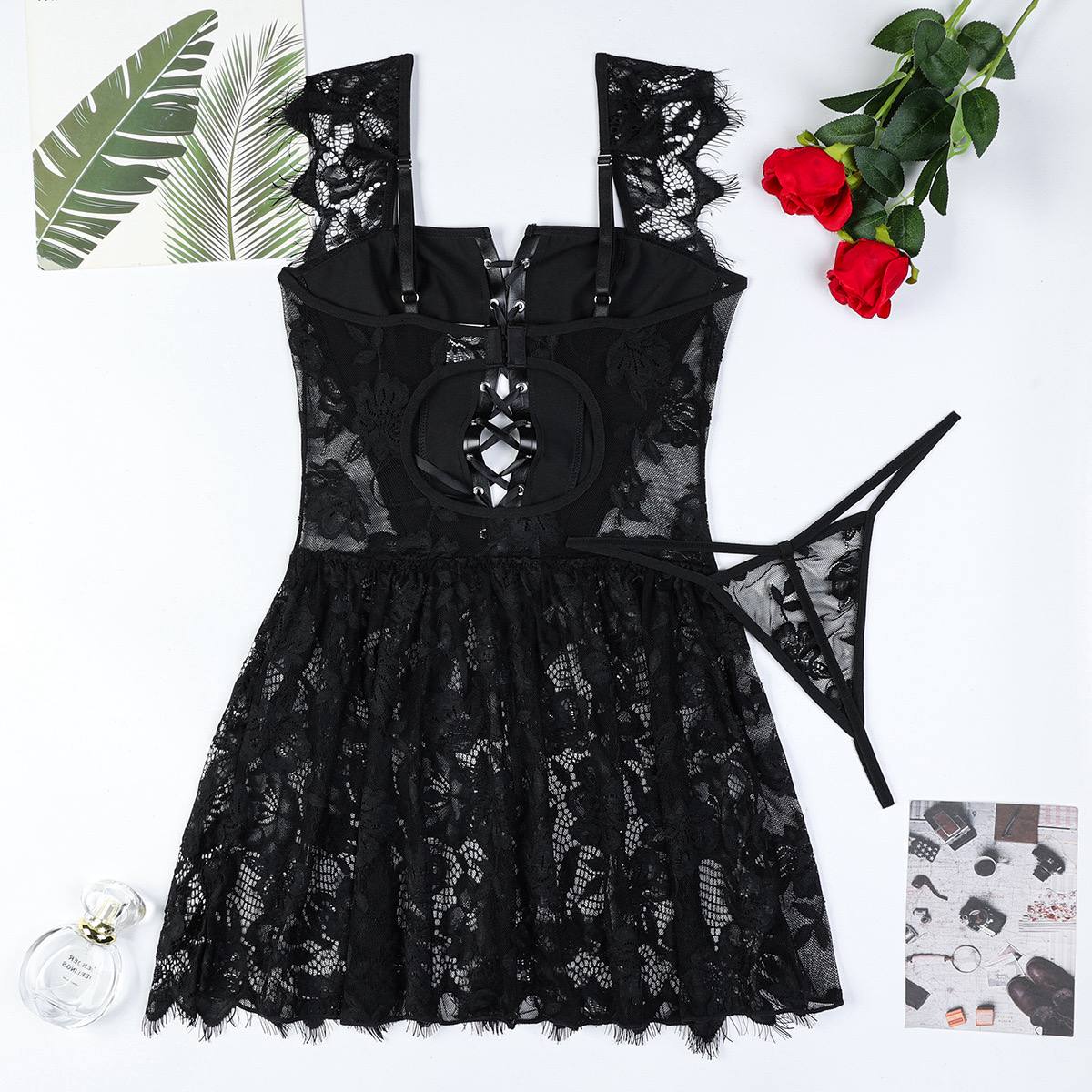 Nightgown with a faux leather top
