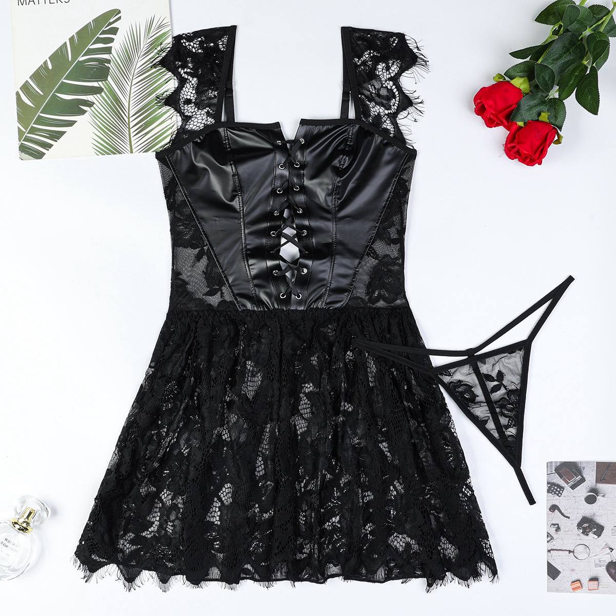 Nightgown with a faux leather top
