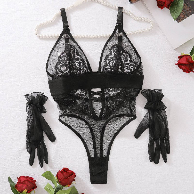 Sexy Sheer Tulle Dot Bodysuit with Gloves