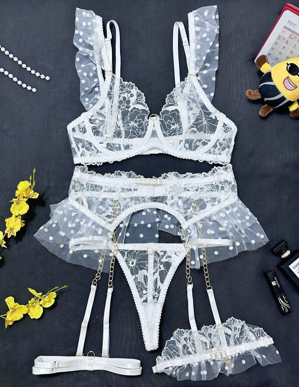 White Ruffled Lace Embroidered Sexy Lingerie Set