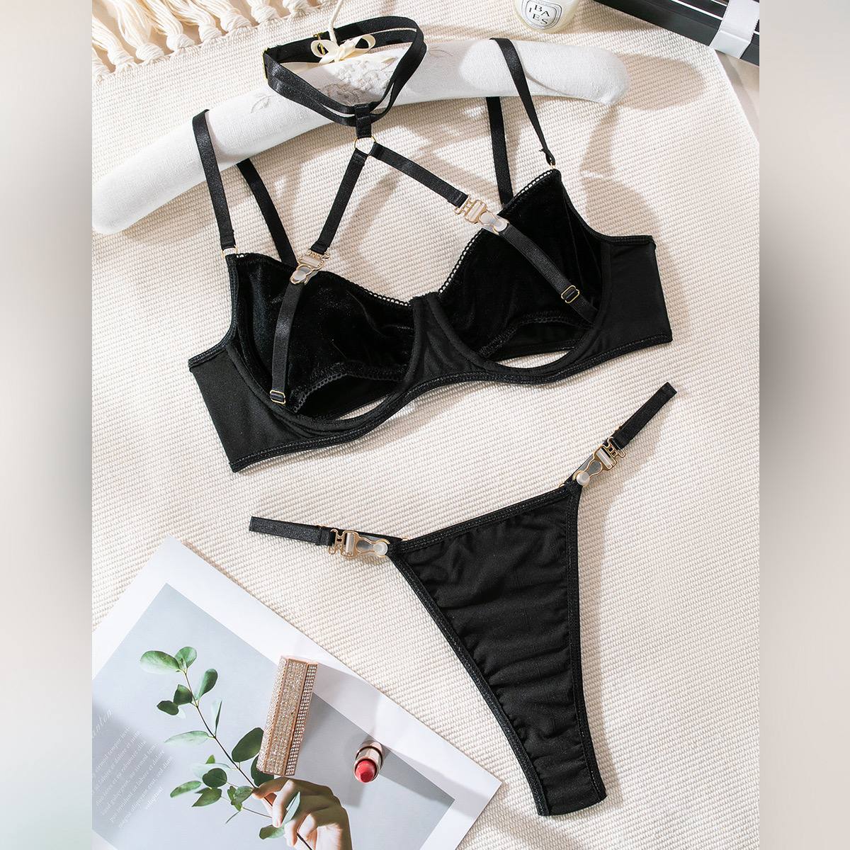 Velvet Hollow Cut Halter Bra Set
