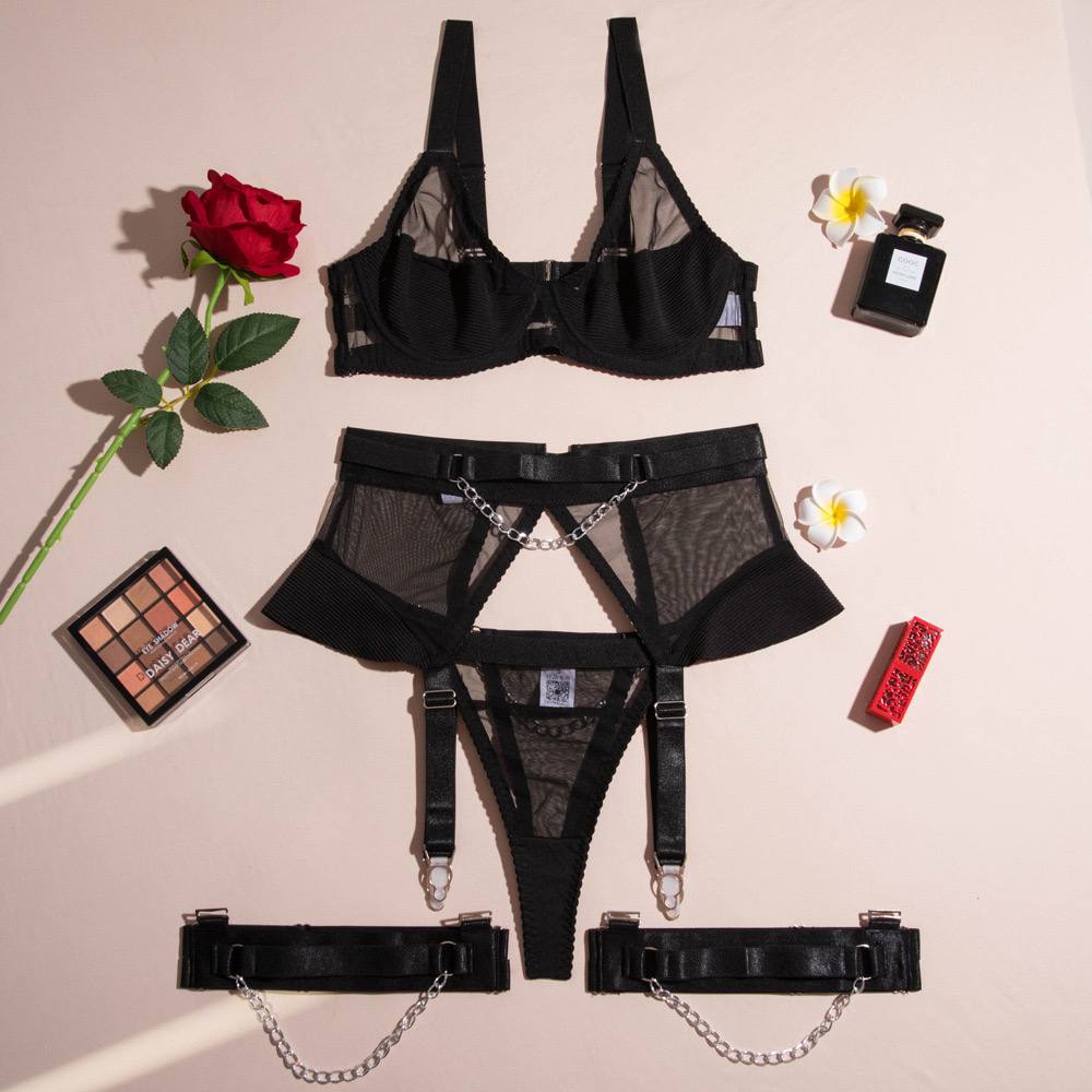 Chain Complex Texture See-through Underwear Set