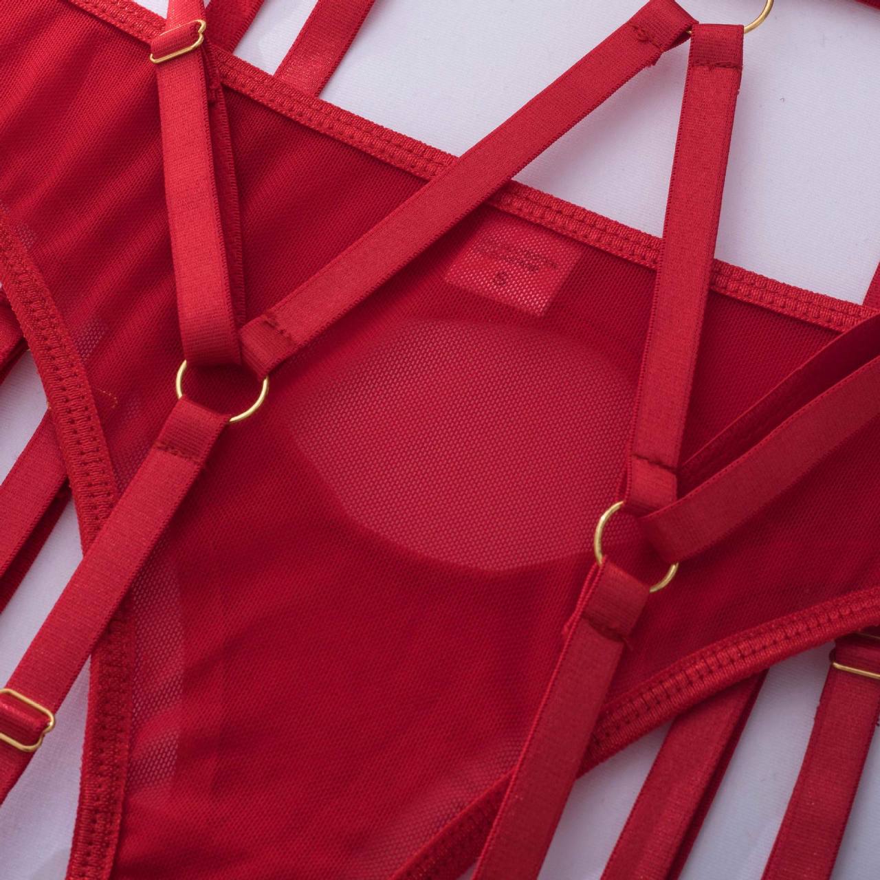 Solid Hollow Out Cage Silky Bra Panty Garter Belts