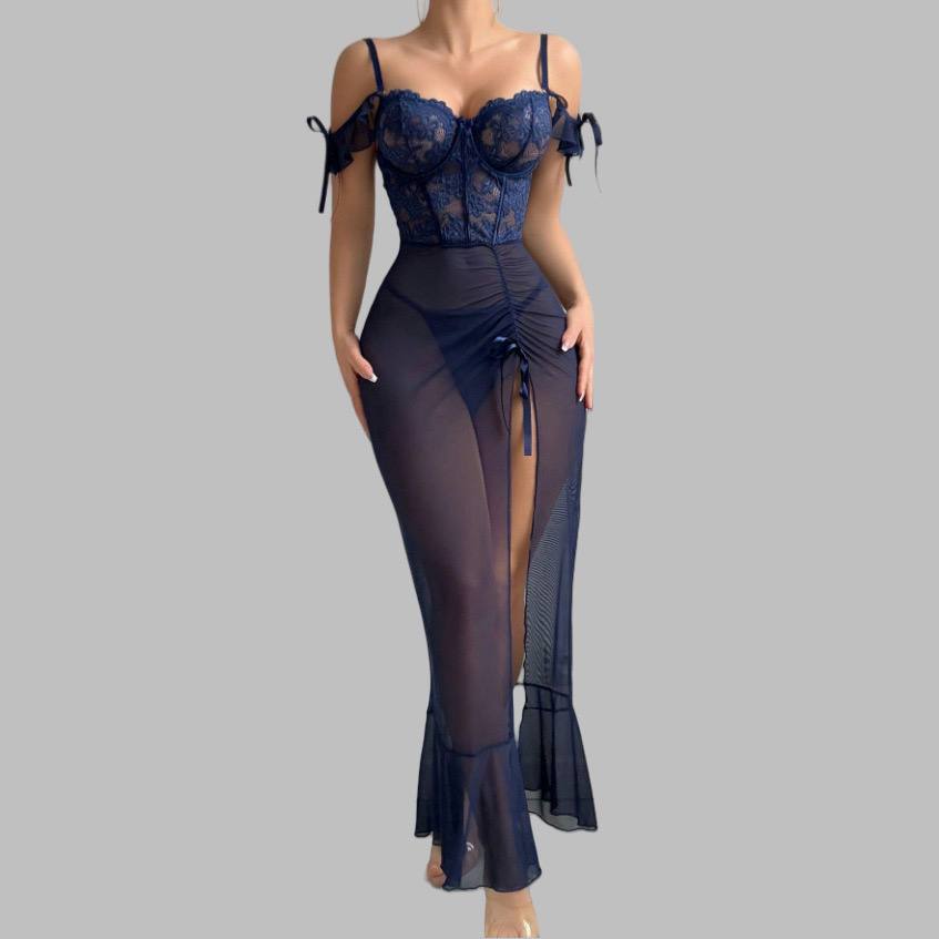 Navy Blue Lace High-Slit Bodycon Nightgown with Sheer Mesh
