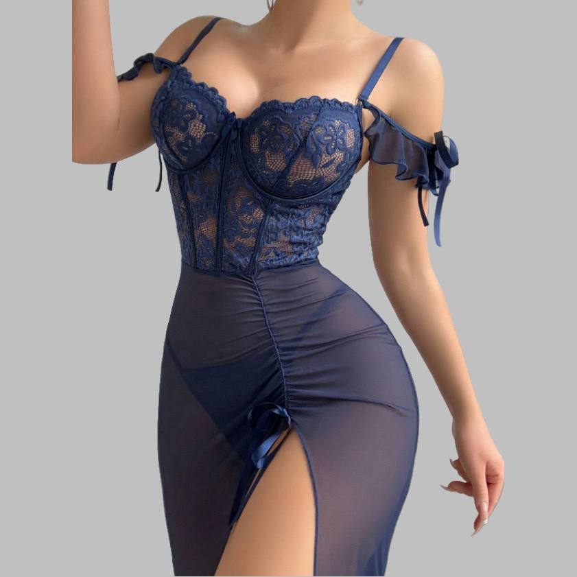 Navy Blue Lace High-Slit Bodycon Nightgown with Sheer Mesh