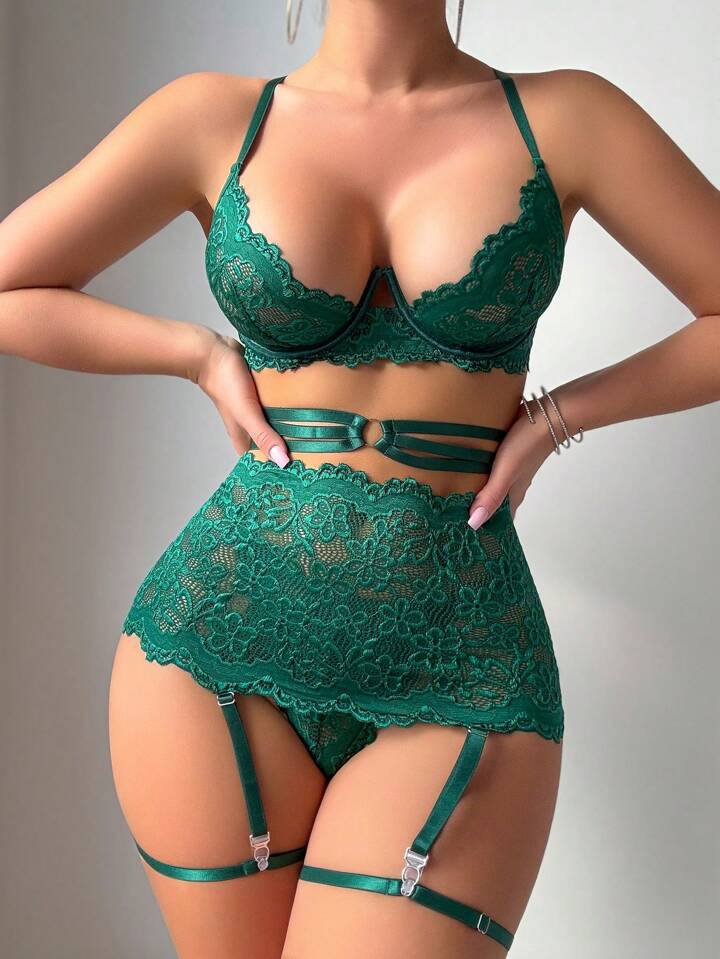 Green Lingerie Set with Leg Rings