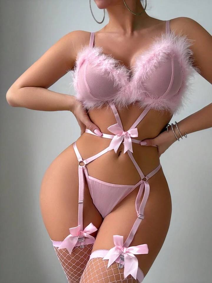 3pcs Lingerie Set – Mesh Bodysuit with Furry Bow & Fishnet Stockings