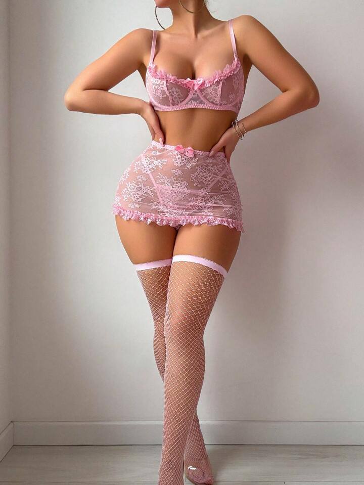 5-piece set: Sexy plunging neckline dress with lace ruffles and fishnet stockings