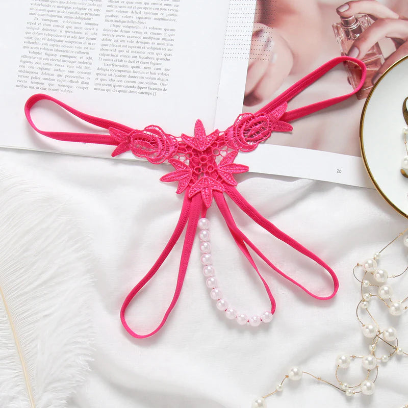 Embroidered Flower Pearl Strand G String