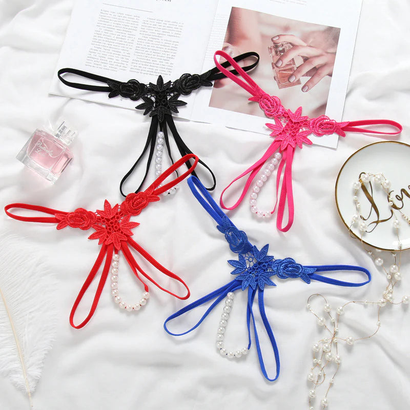 Embroidered Flower Pearl Strand G String
