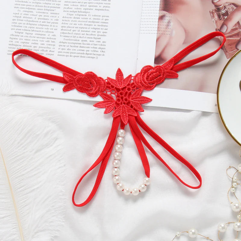 Embroidered Flower Pearl Strand G String