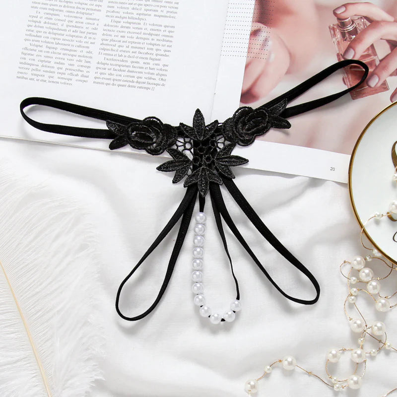 Embroidered Flower Pearl Strand G String