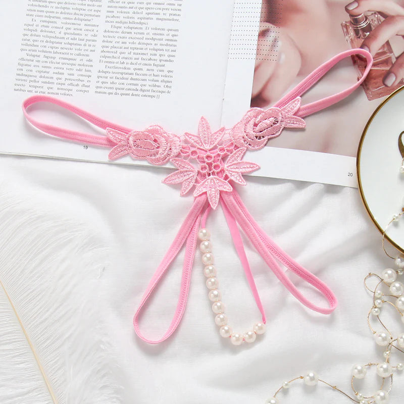 Embroidered Flower Pearl Strand G String