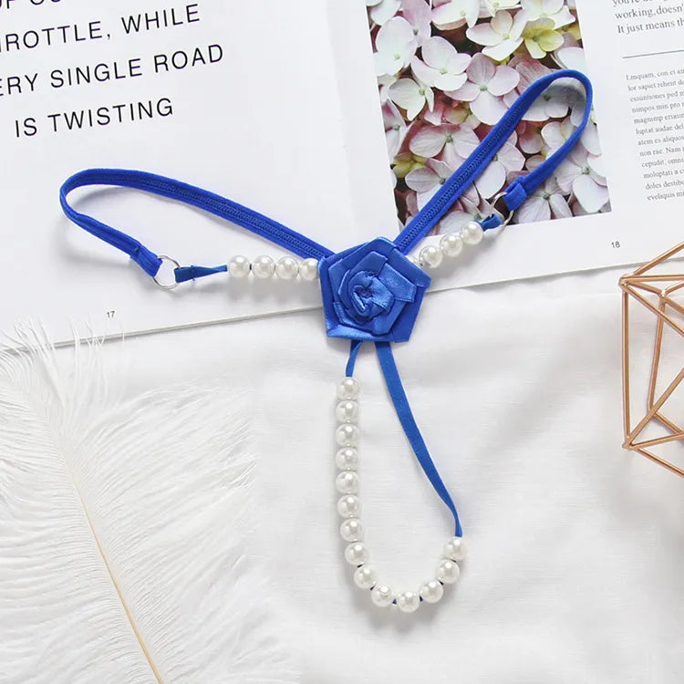 Open Crotch Women's underwear thong with beads and flower in the shape of a harness