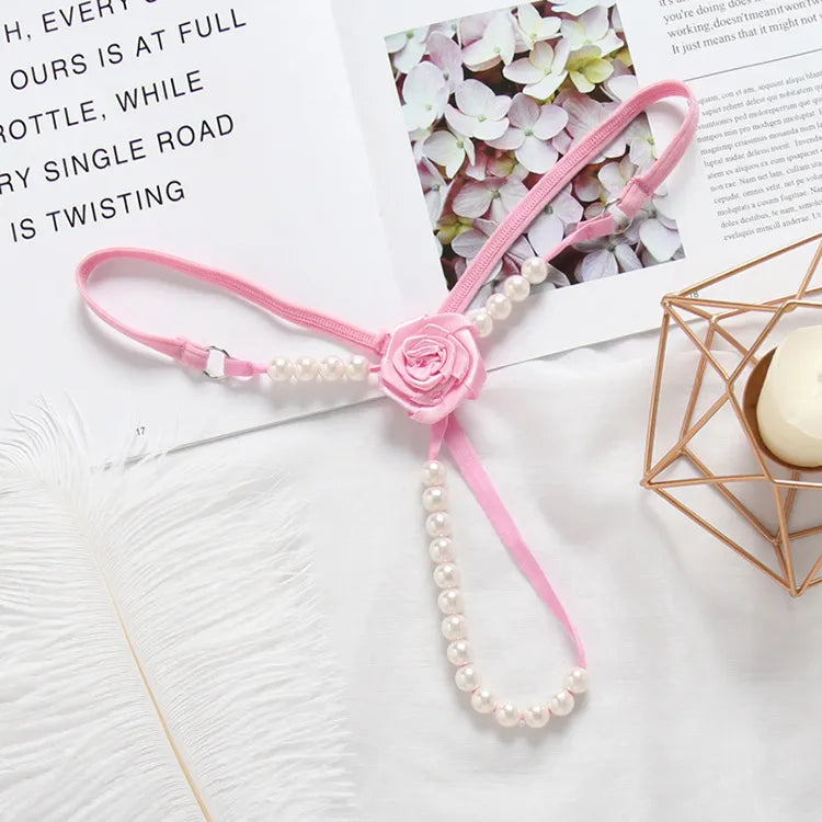 Open Crotch Women's underwear thong with beads and flower in the shape of a harness