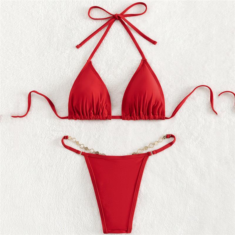 Red Heart Ring Rhinestone Thong 2Pc Swimsuit Set Bikini