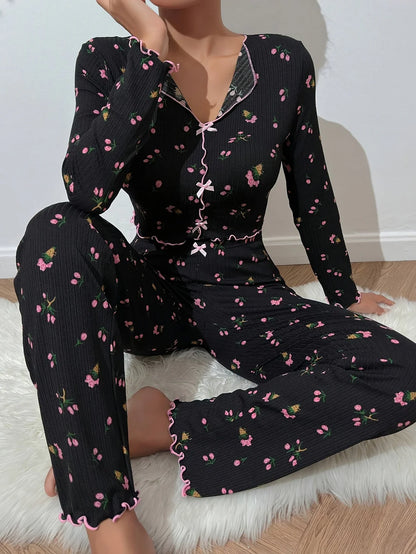 Chic Floral Print Ribbed Outfit Set with V-Neck Crop