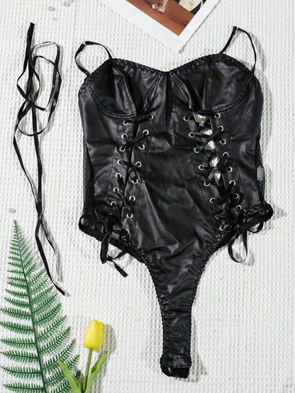 Black Shiny Leather Bodysuit Backless Bodysuit