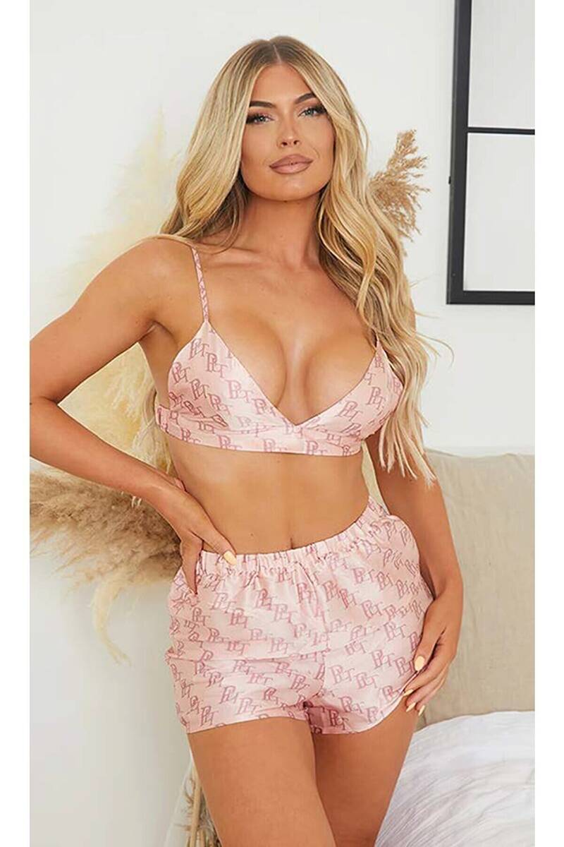 Pink Monogrammed Satin Bralette & Shorts Pajama Set