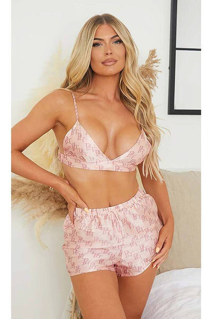 Pink Monogrammed Satin Bralette & Shorts Pajama Set