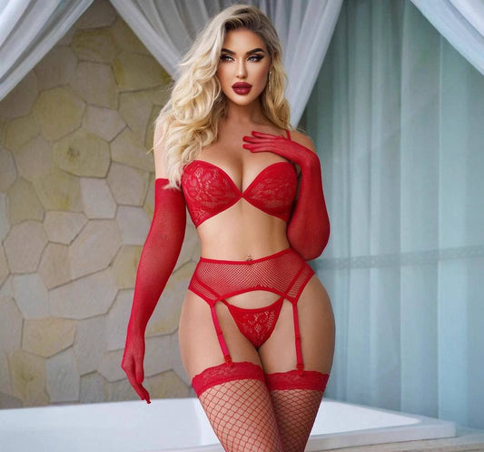 Red Lace Garter set with Gloves