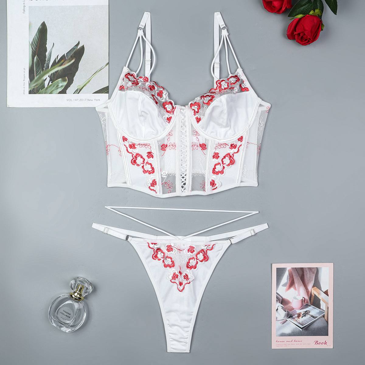 Rose Floral Embroidered Mesh Lingerie