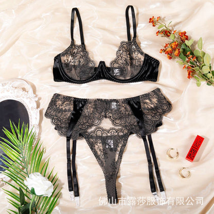 Sexy embroidered lace lingerie set with garter belt 3 pieces