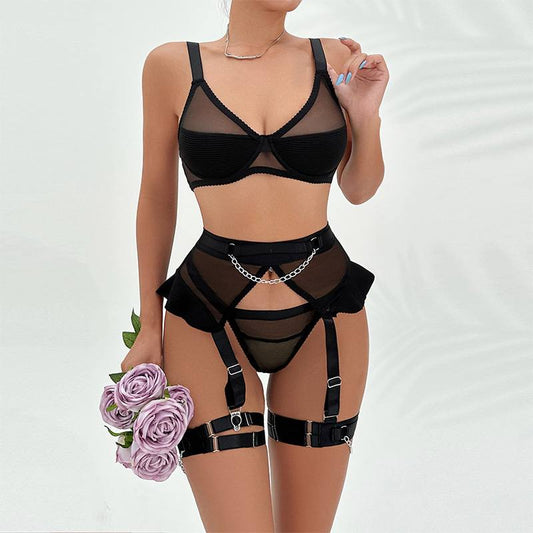 Chain Complex Texture See-through Underwear Set