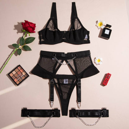 Chain Complex Texture See-through Underwear Set