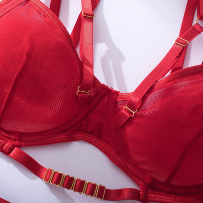 Solid Hollow Out Cage Silky Bra Panty Garter Belts