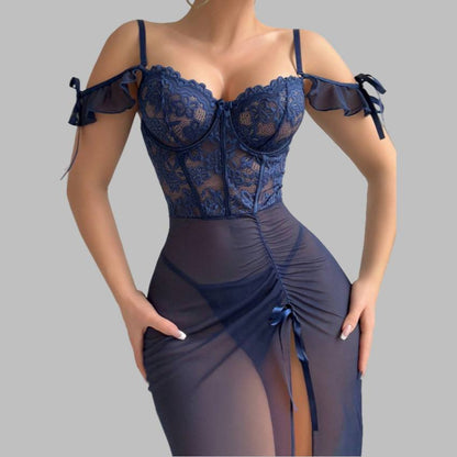 Navy Blue Lace High-Slit Bodycon Nightgown with Sheer Mesh
