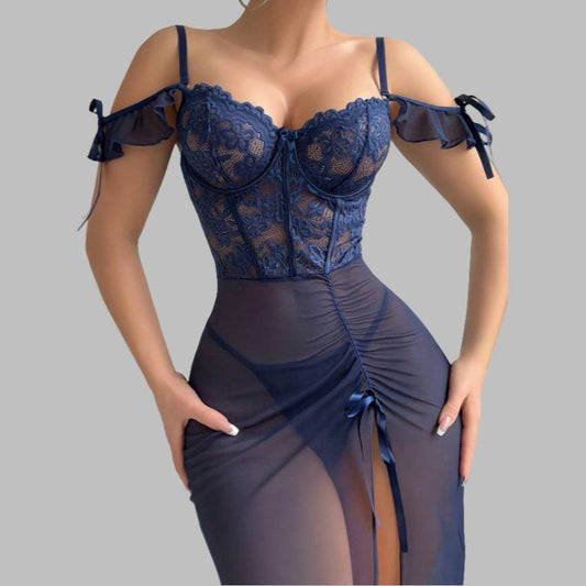 Navy Blue Lace High-Slit Bodycon Nightgown with Sheer Mesh
