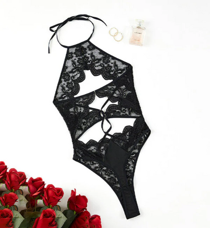 Floral Lace Seethough Criss Cross Teddy Bodysuit
