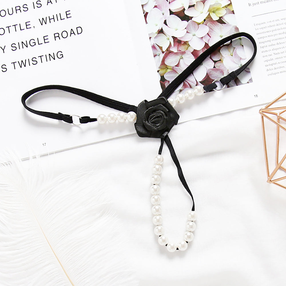 Open Crotch Women's underwear thong with beads and flower in the shape of a harness