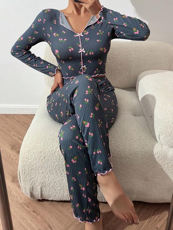 Chic Floral Print Ribbed Outfit Set with V-Neck Crop