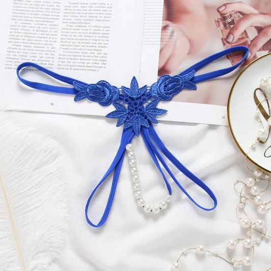 Embroidered Flower Pearl Strand G String