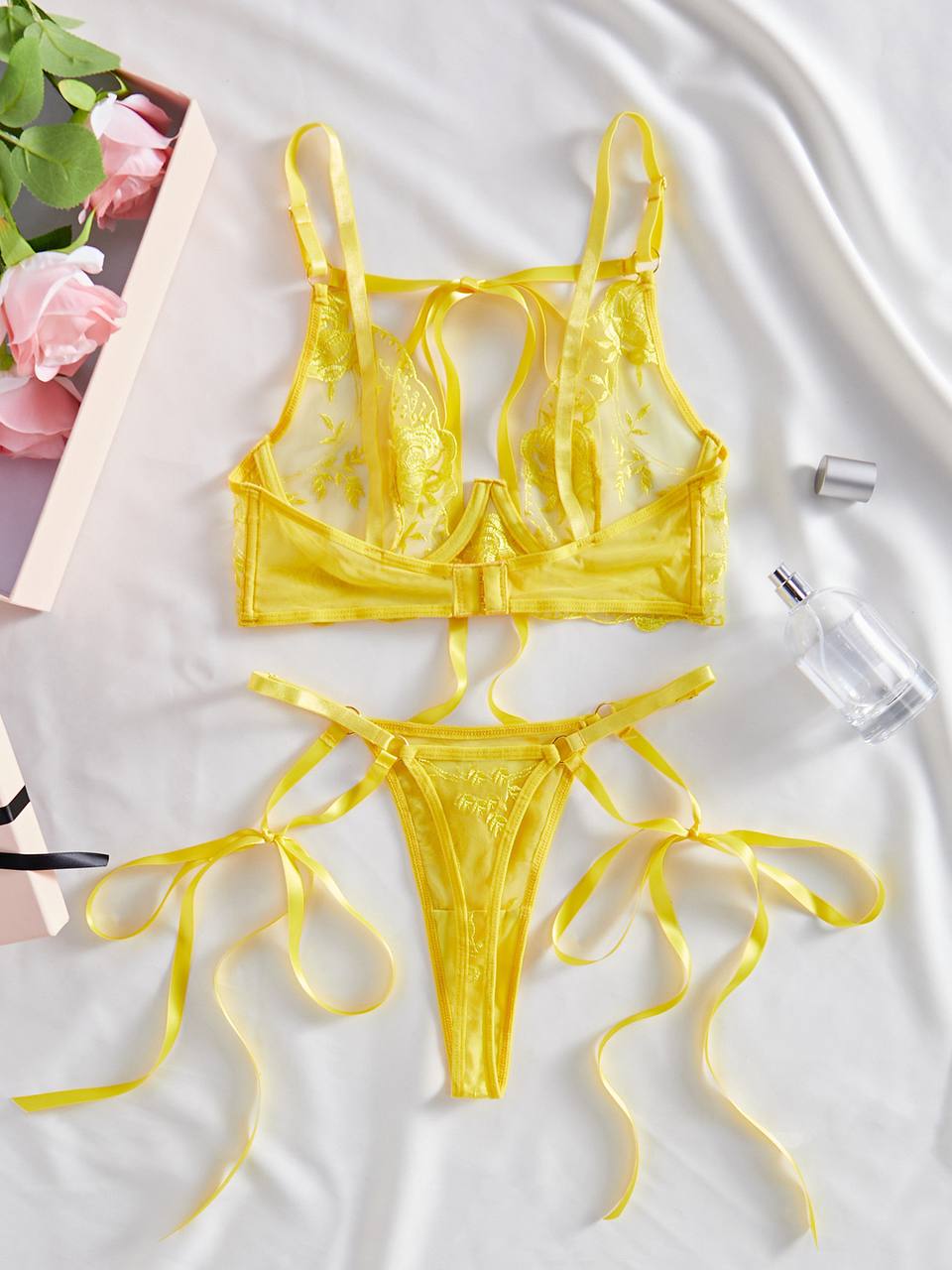 Yellow Floral Embroidery Underwire Lingerie Set