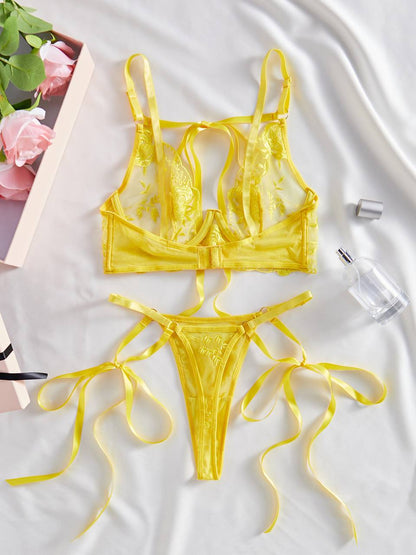 Yellow Floral Embroidery Underwire Lingerie Set