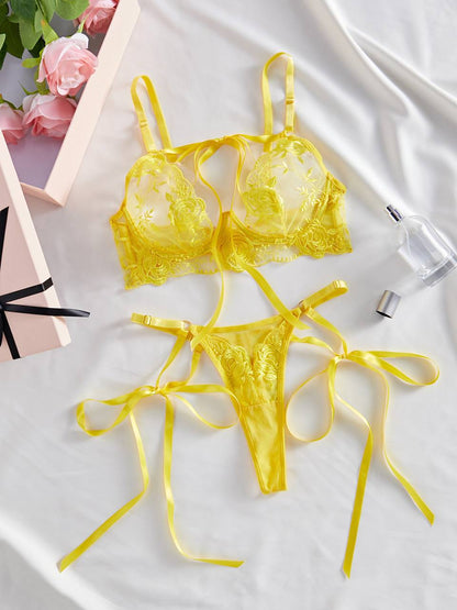 Yellow Floral Embroidery Underwire Lingerie Set