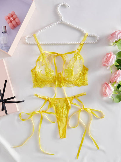 Yellow Floral Embroidery Underwire Lingerie Set