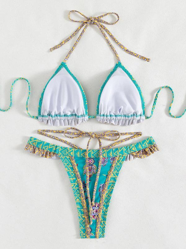 Boho Paisley Bikini, Ruffle Trim Triangle Top & Strappy High-Leg Bottoms