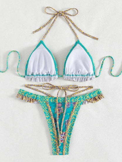 Boho Paisley Bikini, Ruffle Trim Triangle Top & Strappy High-Leg Bottoms