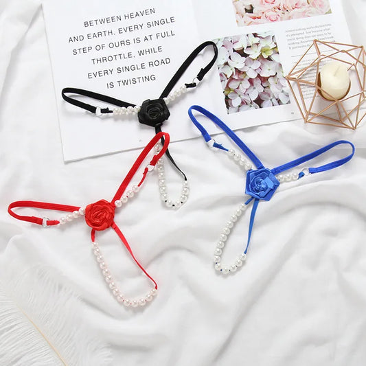 Open Crotch Women's underwear thong with beads and flower in the shape of a harness