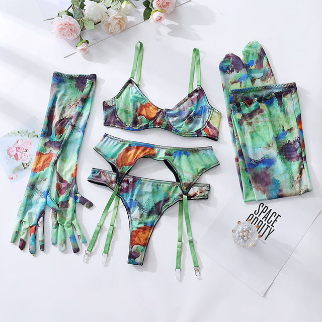 Tie-Dyed Print Lingerie 5-Pieces Set