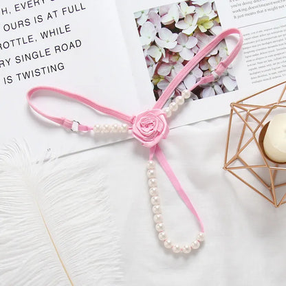 Open Crotch Women's underwear thong with beads and flower in the shape of a harness