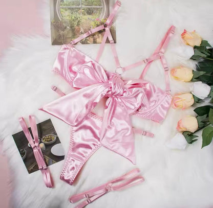 Pink Ribbon Bowknot Open Cups Lingerie Set